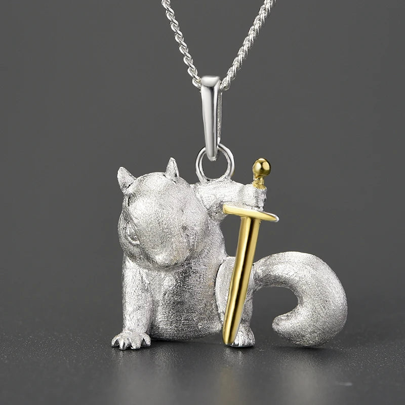 18K Gold Heroic Adventure Squirrel Knight Pendant Real 925 Sterling Silver
