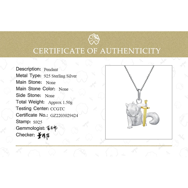 18K Gold Heroic Adventure Squirrel Knight Pendant Real 925 Sterling Silver