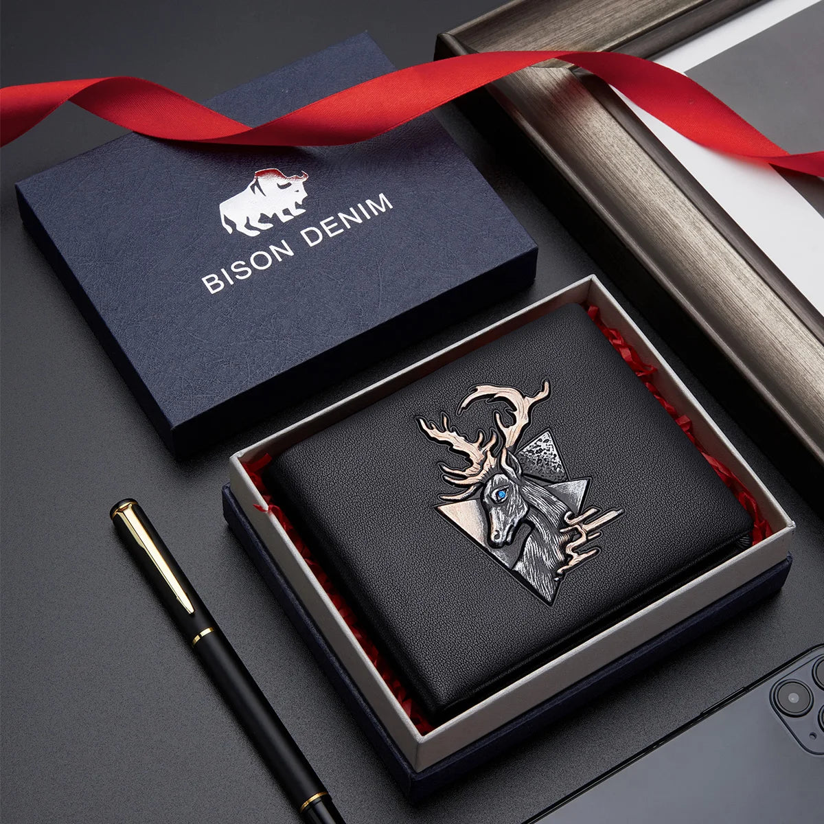 BISON DENIM 100% Genuine Leather Stag Head Design Luxury Wallet