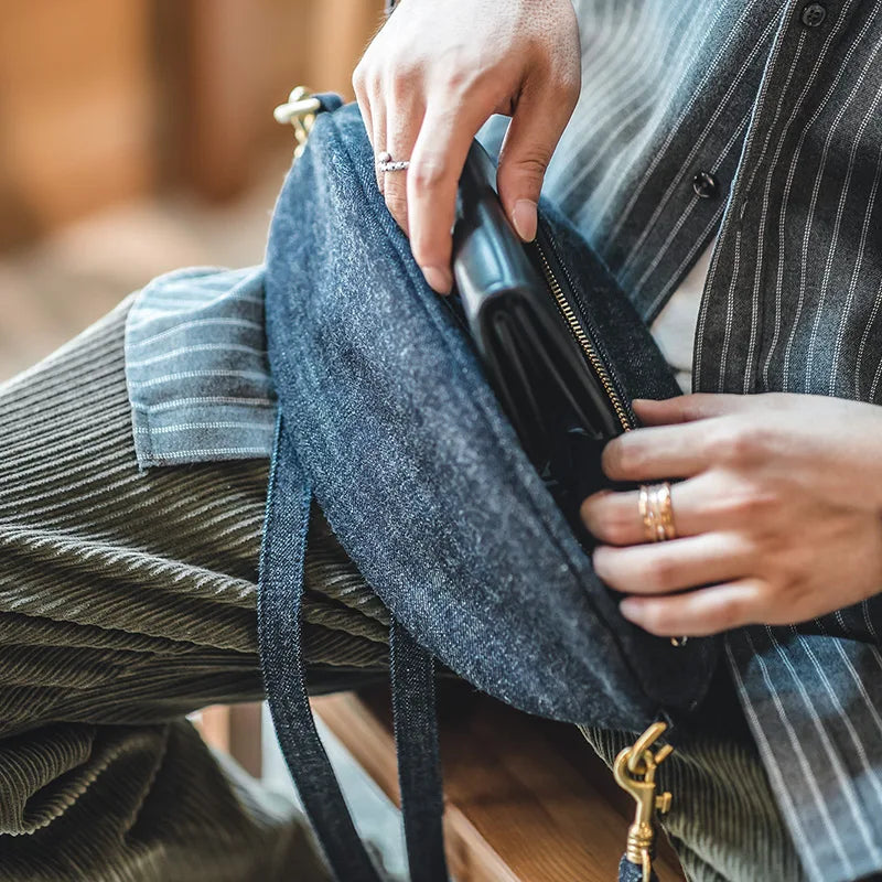 Navy Raw Denim Rugby Vintage-Style Belt Phone Pouch Chest Bag