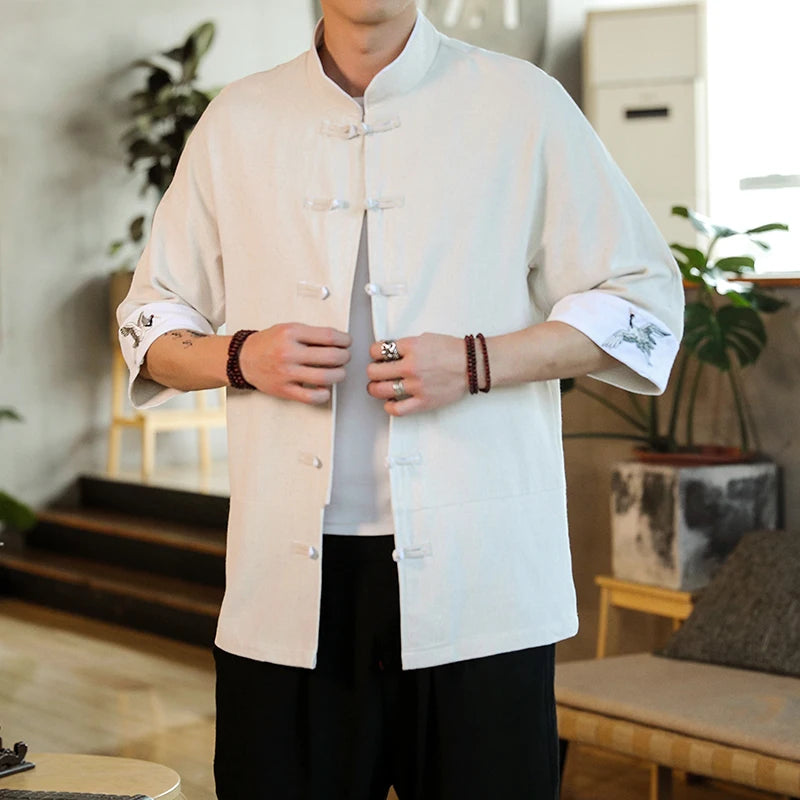 Traditional Chinese-Style Mens Vintage Half Sleeve Mandarin Collar Summer Crane Shirt