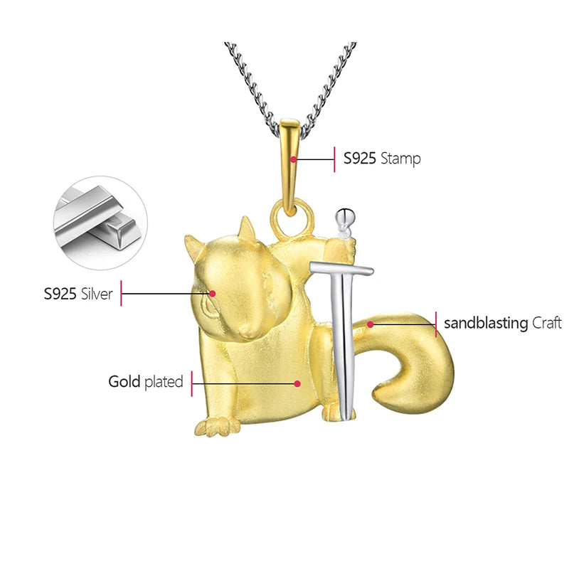 18K Gold Heroic Adventure Squirrel Knight Pendant Real 925 Sterling Silver