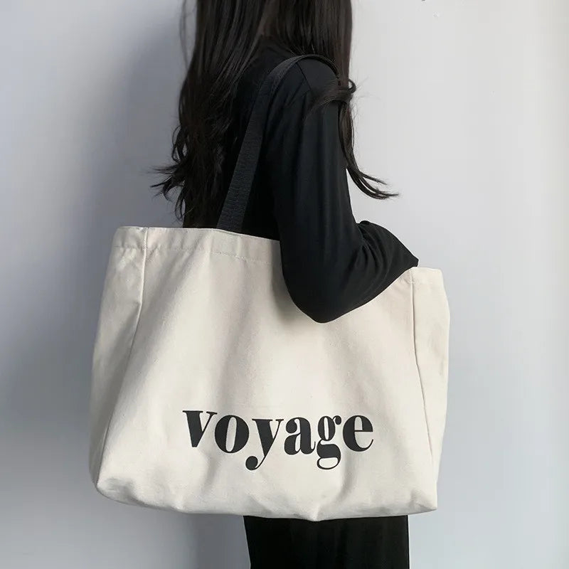 Chic "Voyage" Letter Canvas Casual Versatile Shoulder Tote Bag