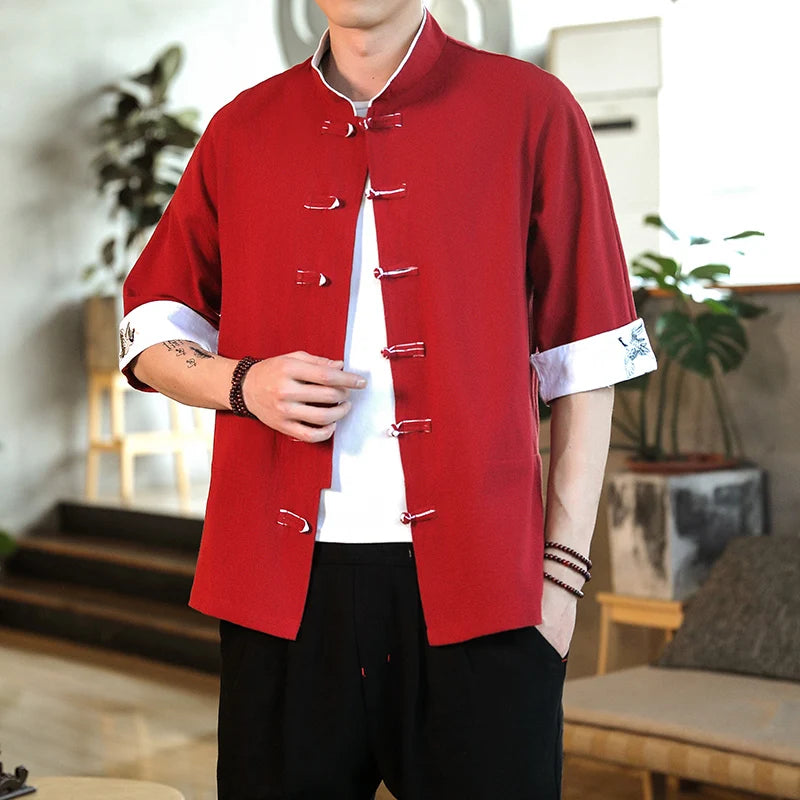 Traditional Chinese-Style Mens Vintage Half Sleeve Mandarin Collar Summer Crane Shirt