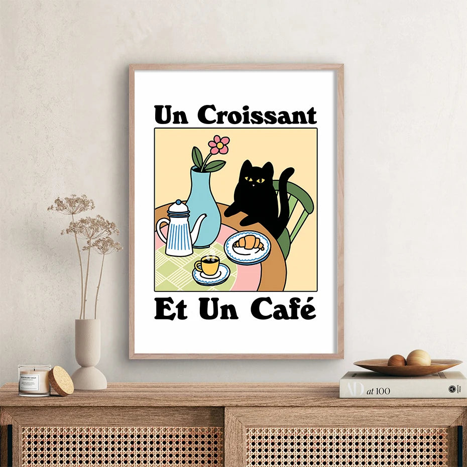 "Un Croissant et Un Cafe" Paris Cafe Cat Poster Unframed Wall Art