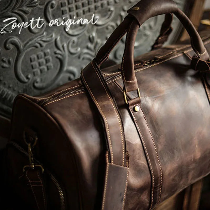 Retro Accent Full Grain Leather Durable Weekender Travel Duffel