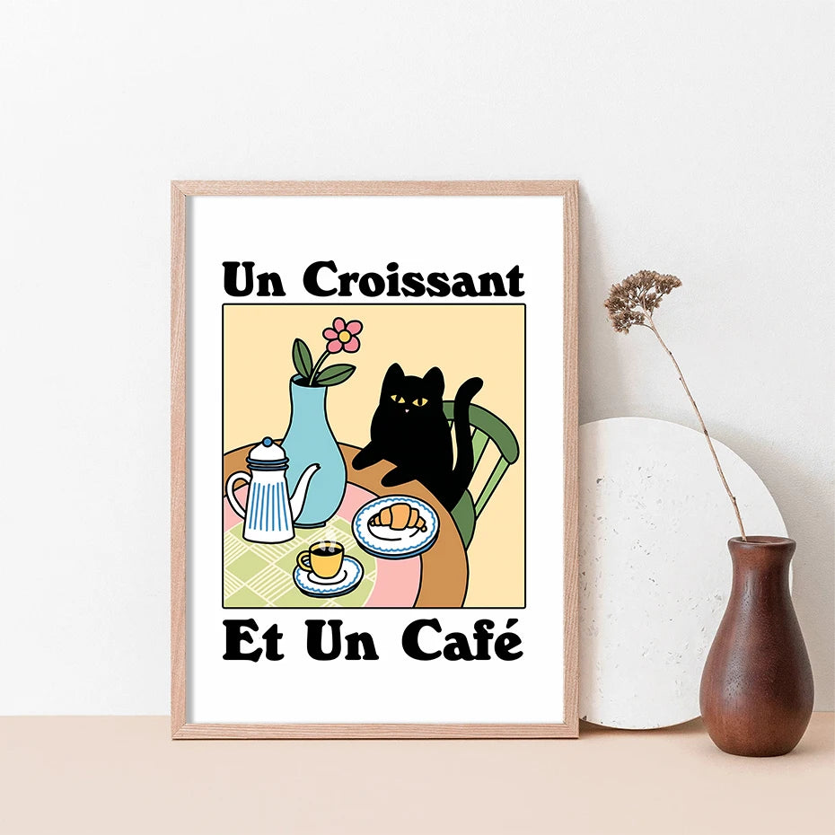 "Un Croissant et Un Cafe" Paris Cafe Cat Poster Unframed Wall Art