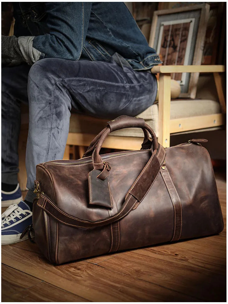 Retro Accent Full Grain Leather Durable Weekender Travel Duffel