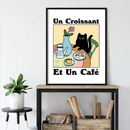 "Un Croissant et Un Cafe" Paris Cafe Cat Poster Unframed Wall Art