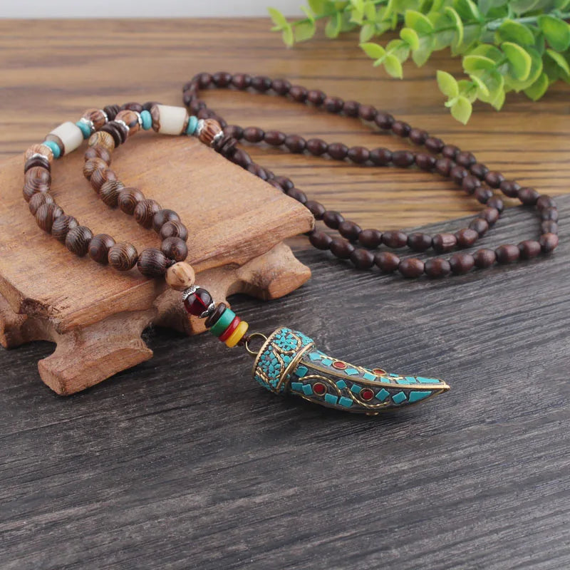 Handmade Nepalese Buddhist Mala Wood Beads Pendant Necklace
