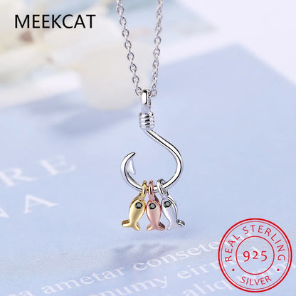 Three Small Fish on a Hook Cute Pendant Charm Necklace 925 Sterling Silver Jewelry Gift