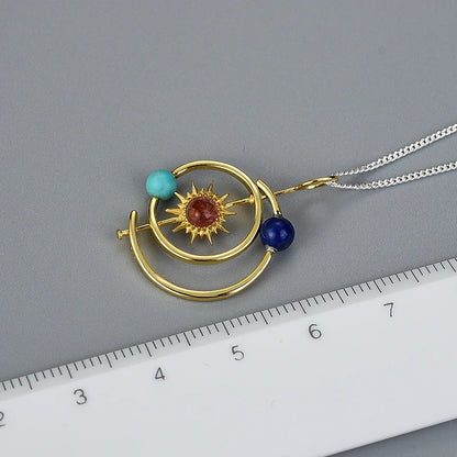 Celestial Elegance Real 925 Sterling Silver Handmade 18K Gold Solar System Pendant Without Necklace