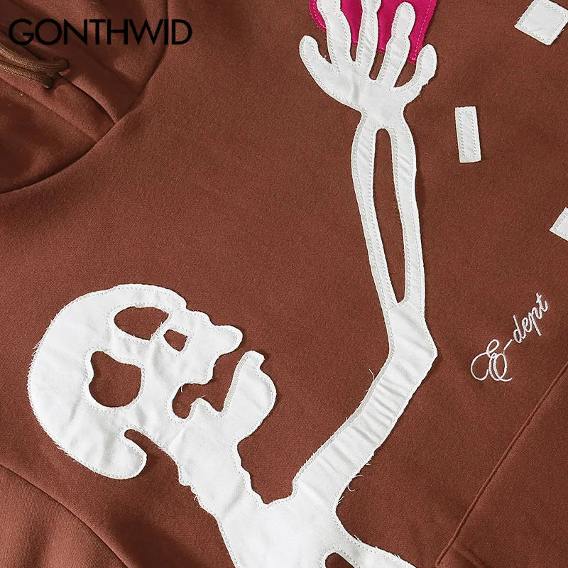 Hip Hop Streetwear Skeleton Patch Pullover Fleece Hoodie Sweatshirt