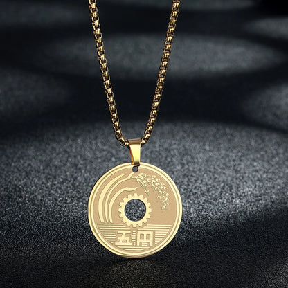 Lucky Japanese 5 Yen Coin Pendant Stainless Steel Good Luck Destiny Necklace