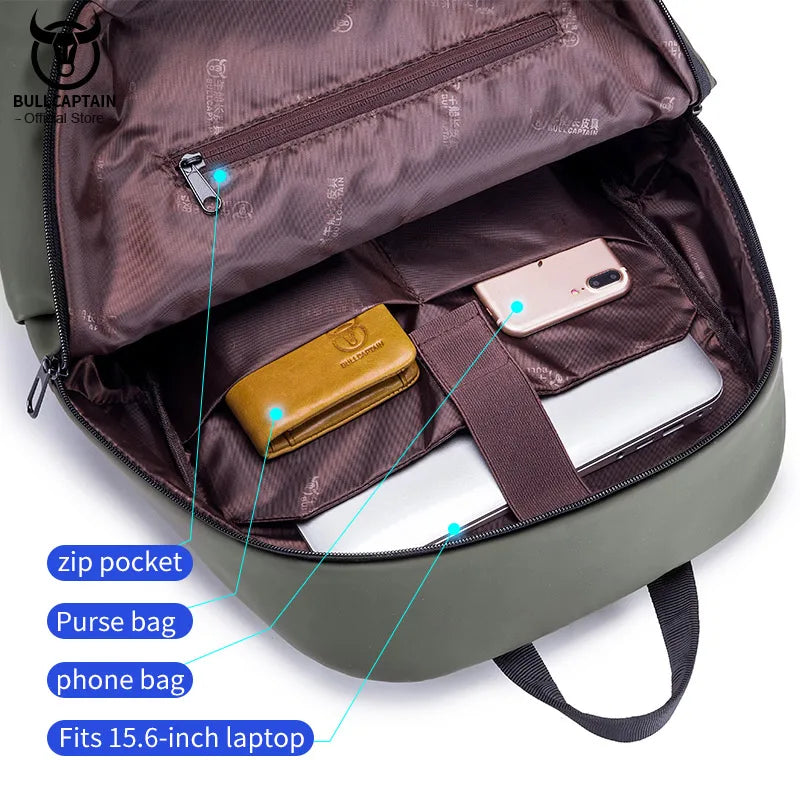BULLCAPTAIN Men's PU Leather Fashion Laptop Business Travel Backpack