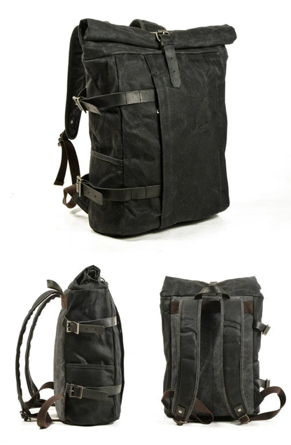 Wanderlust Adventure American Escape Durable Waxed Canvas Roll-Top Backpack