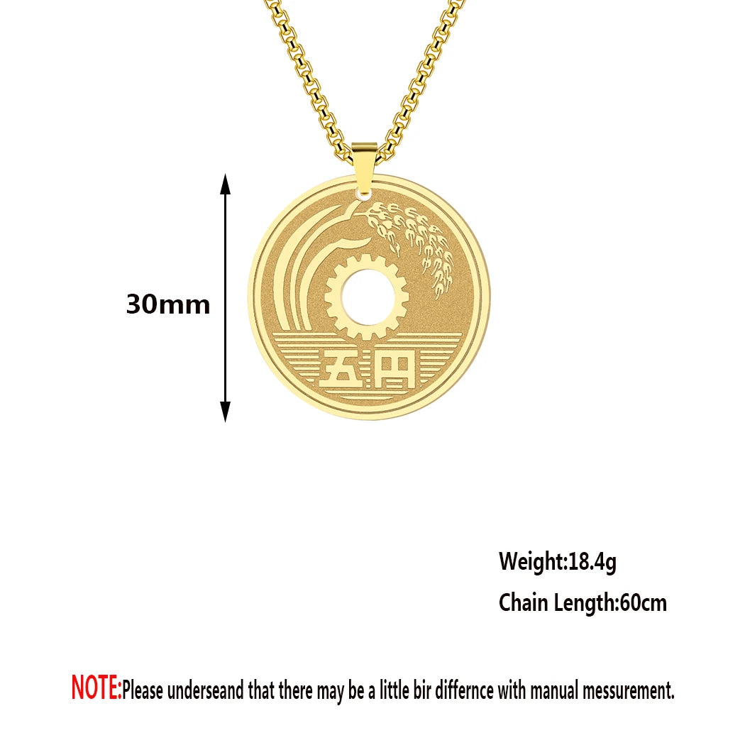 Lucky Japanese 5 Yen Coin Pendant Stainless Steel Good Luck Destiny Necklace