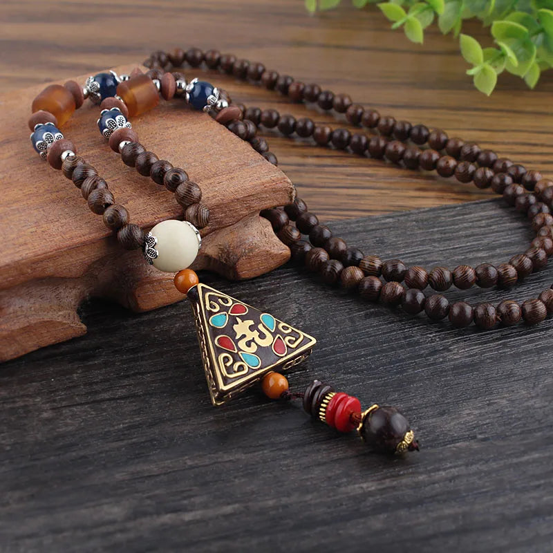 Handmade Nepalese Buddhist Mala Wood Beads Pendant Necklace