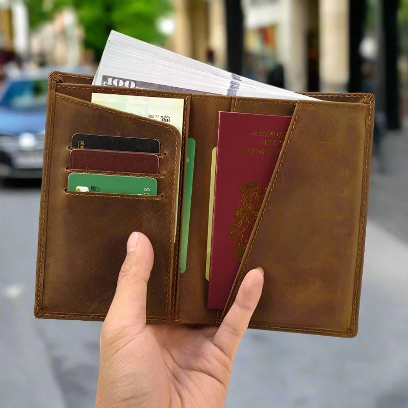 Rugged & Reliable Crazy Horse Leather RFID-Blocking Passport Holder Business Travel Wallet