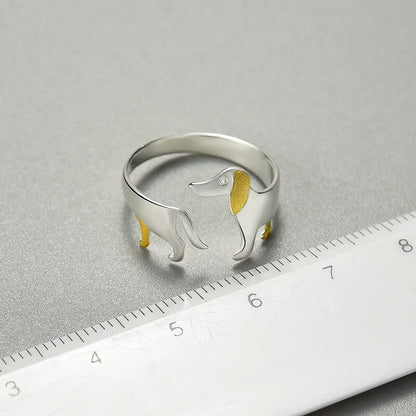 Real 925 Sterling Silver Cute Dachshund Adjustable Ring