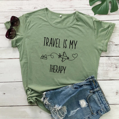 "Travel Is My Therapy" 100% Cotton Casual Adventure T-Shirt