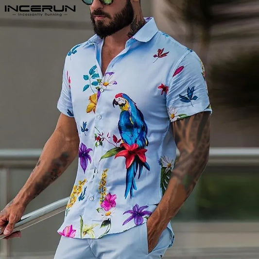 Men's Printed Hawaiian Parrot Summer Short-Sleeve Beach Casual Shirt
