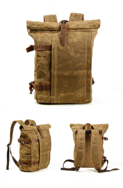 Wanderlust Adventure American Escape Durable Waxed Canvas Roll-Top Backpack