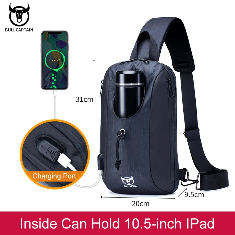 BULLCAPTAIN Multifunctional Anti-Theft USB Bottle Pouch Chest Sling Bag
