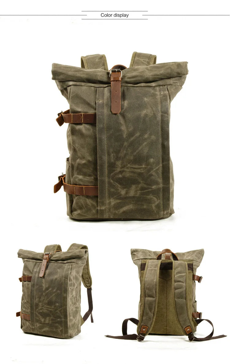 Wanderlust Adventure American Escape Durable Waxed Canvas Roll-Top Backpack