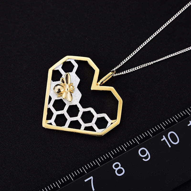 Honeycomb Heart 925 Sterling Silver Fine Jewelry Bee Love Heart Pendant (without chain)