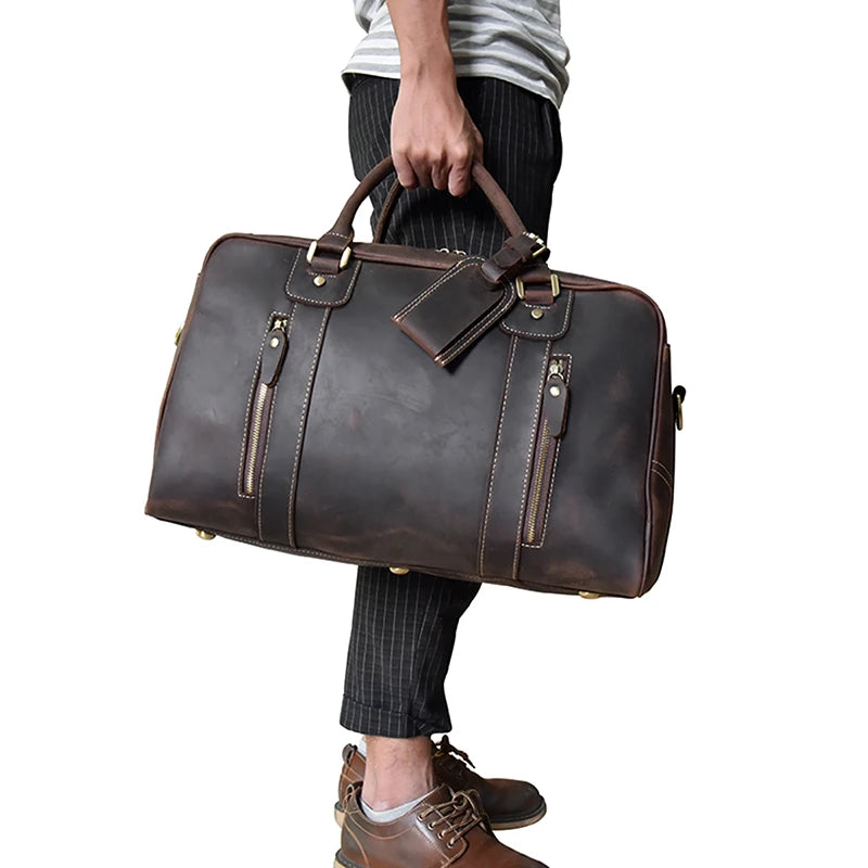 Classic Travel Style Genuine Leather Weekend Over-Night Carry-On Duffle Bag