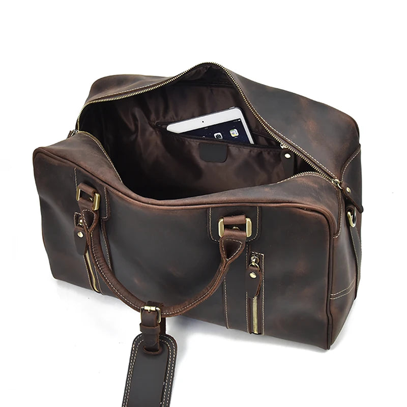 Classic Travel Style Genuine Leather Weekend Over-Night Carry-On Duffle Bag