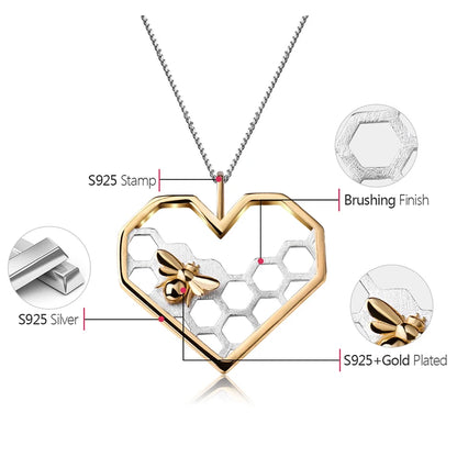 Honeycomb Heart 925 Sterling Silver Fine Jewelry Bee Love Heart Pendant (without chain)