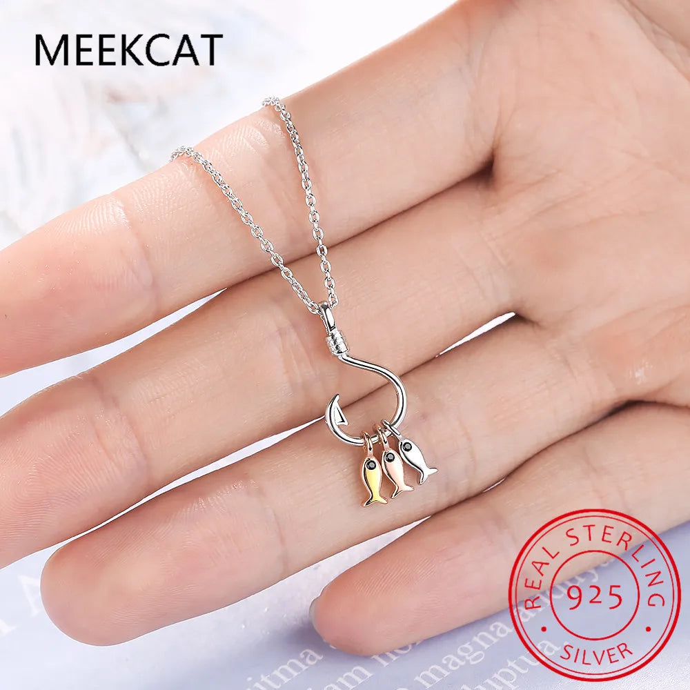 Three Small Fish on a Hook Cute Pendant Charm Necklace 925 Sterling Silver Jewelry Gift