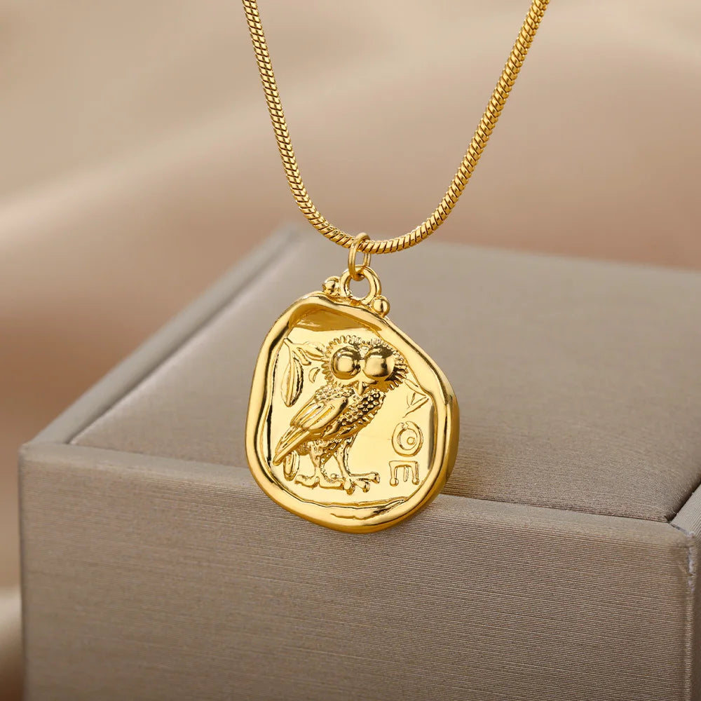 Ancient Coin Owl Carved Freedom Stainless Steel Necklace