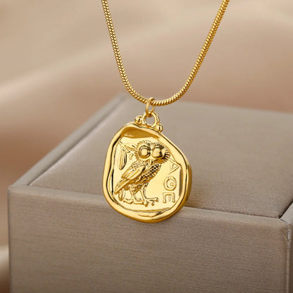 Ancient Coin Owl Carved Freedom Stainless Steel Necklace