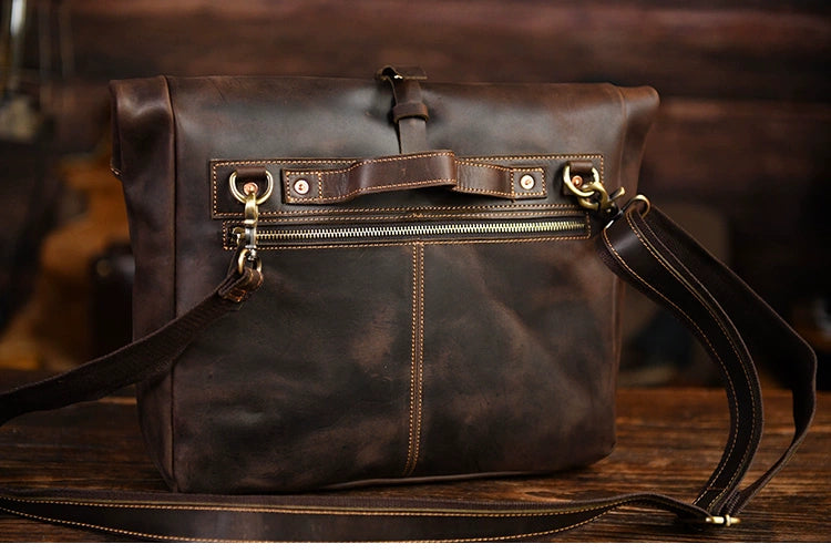 Luxury Genuine Cowhide Leather Folding Cover Casual Fixed Gear Motorcycle Shoulder Bag