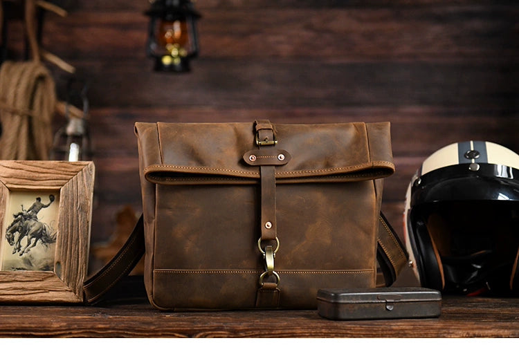 Luxury Genuine Cowhide Leather Folding Cover Casual Fixed Gear Motorcycle Shoulder Bag