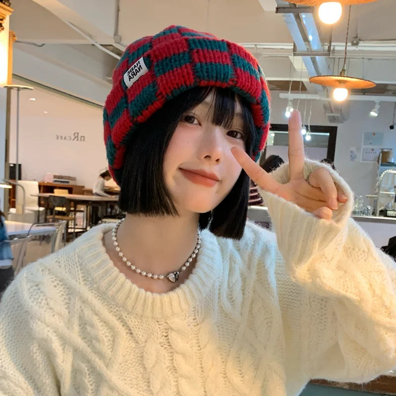 Cute & Fun Chessboard Plaid Knit Winter Korean Japanese Beanies for Women