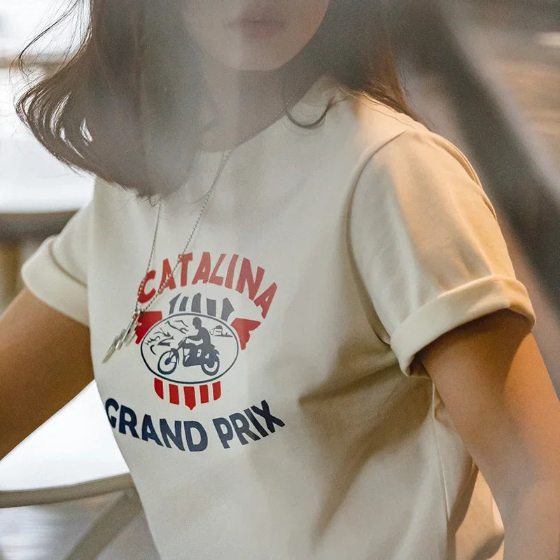 Vintage-Style "Catalina Grand Prix" Printed Cotton Short Sleeve Casual Graphic Tee