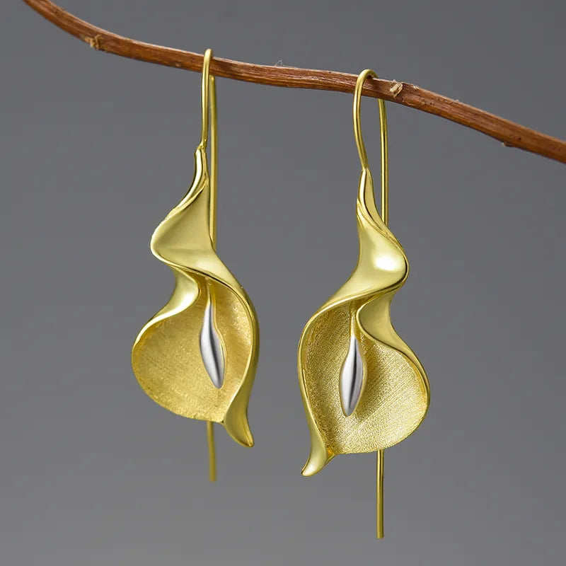 18K Gold Long Hanging Calla Lily Flower Dangle Earrings Real 925 Sterling Silver