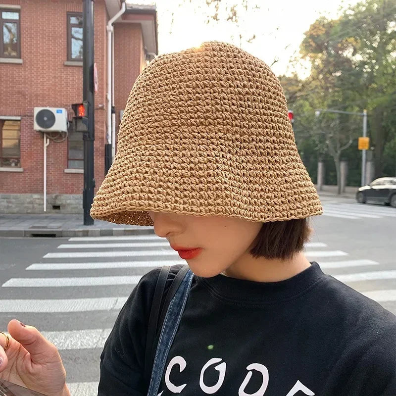 Beach-Ready Casual Chic Korean-Style Summer Straw Bucket Hat