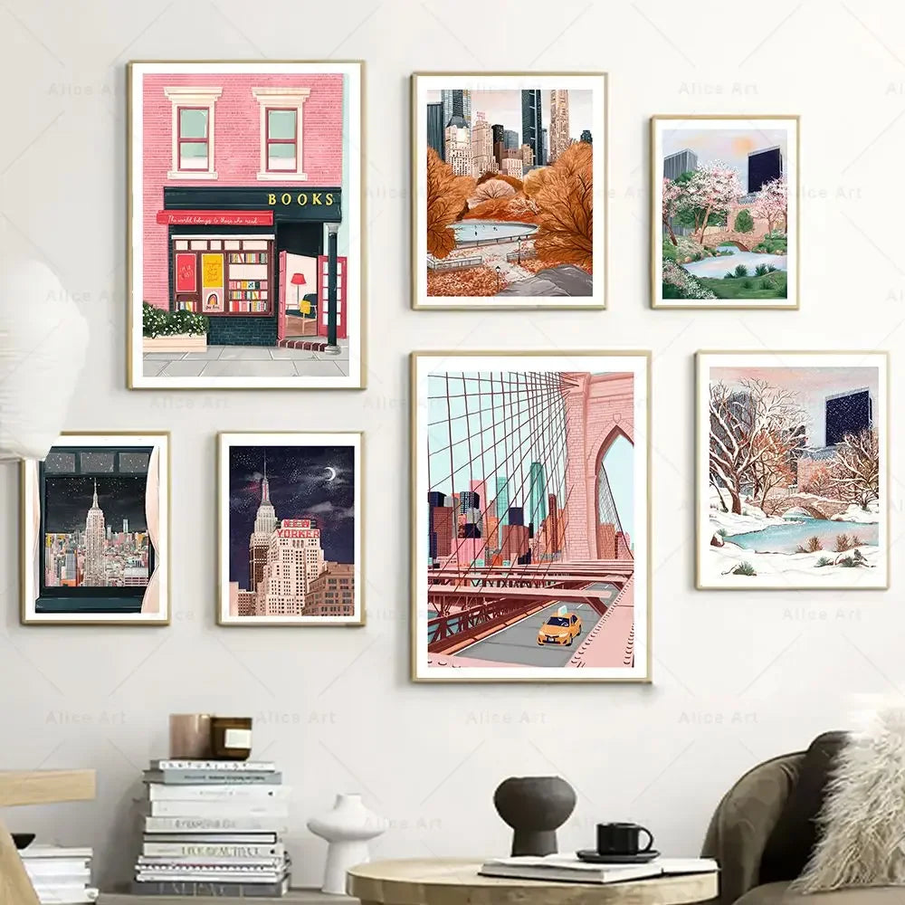 New York City Bookshop Street Scenes All-Seasons Unframed Canvas Art Prints