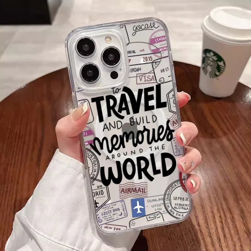 "To Travel and Build Memories Around the World" Text Stamp Phone Case