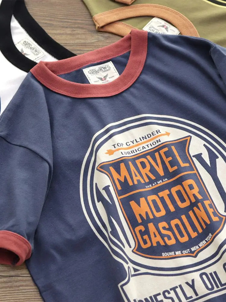 American Road Trip Retro "Marvel Motor Gasoline" 100% Cotton Short-Sleeved T-Shirt