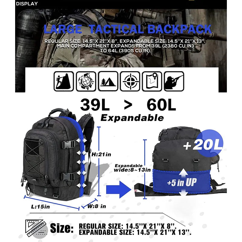 Extra Large Expandable 40-60L Water Resistant Tactical Backpack