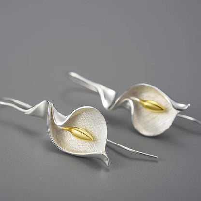 18K Gold Long Hanging Calla Lily Flower Dangle Earrings Real 925 Sterling Silver