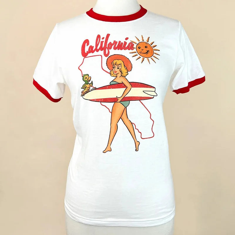 American Vintage Lady California Beach Surfing Red Ringer T-Shirt