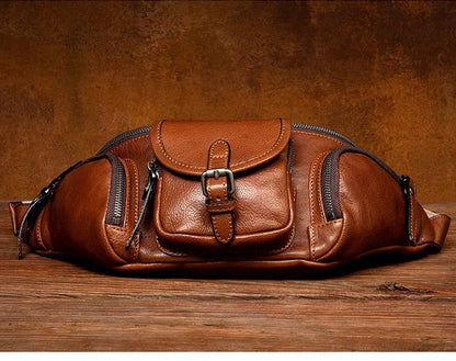 Genuine Western-Style Cowhide Leather Outdoor Adventure Men's Fashion Chest Waist Bag