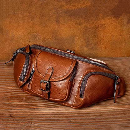 Genuine Western-Style Cowhide Leather Outdoor Adventure Men's Fashion Chest Waist Bag